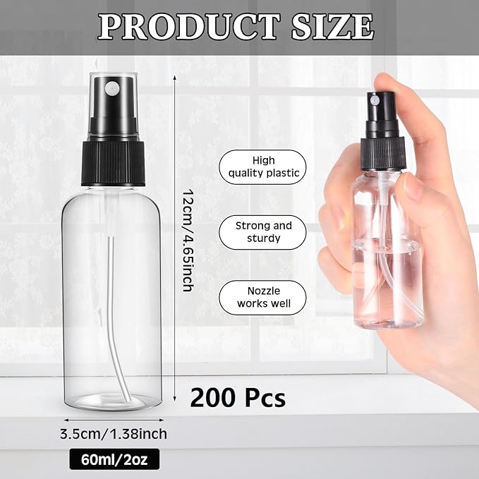 Roshtia 200 Pcs 2 oz Plastic Mini Spray Bottles with Black Cap Clear Empty Fine Mist Spray Bottles Refillable Liquid Container for Essential Oils Perfumes Travel Makeup