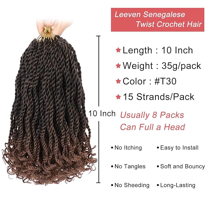 Leeven Senegalese Twist Crochet Hair 10 Inch 8 Packs Ombre Brown Pre Looped Crochet Twist with Curly Ends Short Wavy Hanava Twist Synthetic Braids Hair for Women Girl Kids