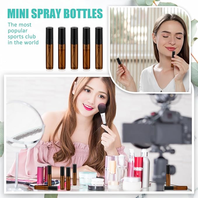 Zhehao 100 Pcs Mini Spray Bottles 5 ml Clear Glass Perfume Bottles Refillable Fine Mist Perfume Atomizer Portable Empty Sample Containers for Cleaning, Essential Oils, Travel (Amber)