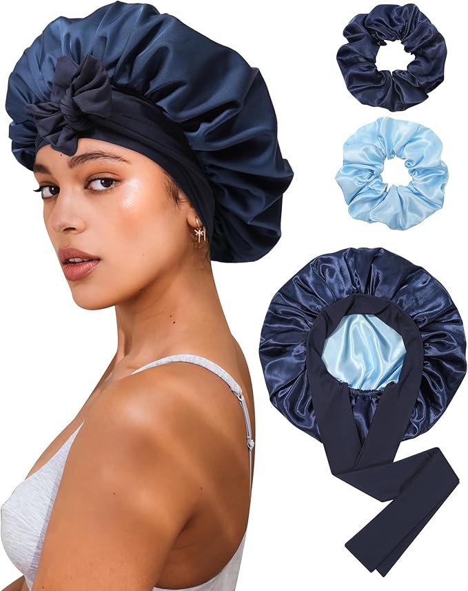 Reversible Satin Bonnet for Sleeping Women Double Layer Hair Bonnet with 2PCS Hair Scrunchies Elastic Tie Band Night Cap