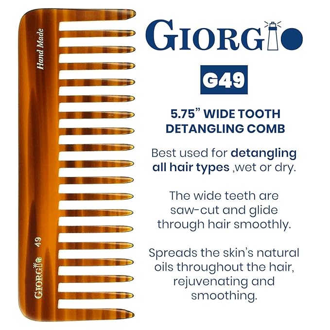 Giorgio G49 Large Hair Detangling Comb, Wide Teeth for Thick Curly Wavy Hair. Long Hairs Detangler Comb For Wet and Dry. Handmade of Quality Cellulose, Saw-Cut, Hand Polished, Tortoise Shell