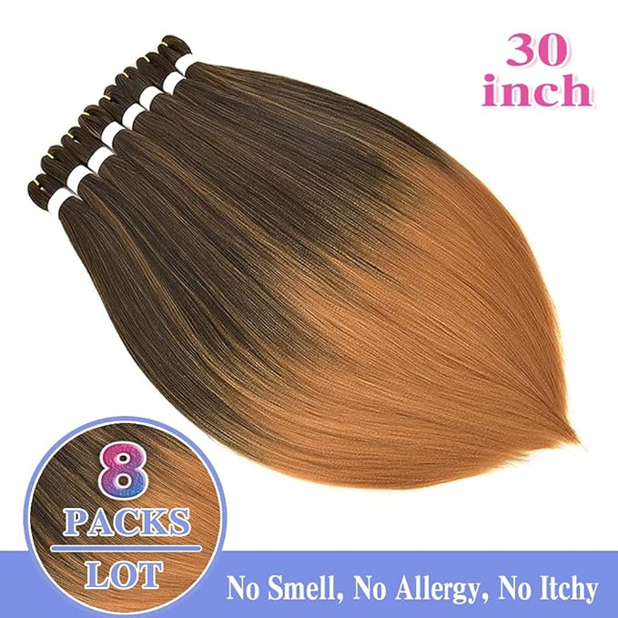 8 Pack Ombre Braiding Hair Pre Stretched - 30" 100G/Pack Premium Pre Stretched Braiding Hair Extensions, Professional Itch Free Hot Water Setting Perm Yaki Texture Prestretched Hair (1B27)