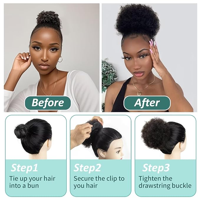Afro Puff Clip On Human hair Drawstring Ponytail for Black Women,Short Afro Kinkys Curly Afro Bun Extension Hairpiece Ponytail Extension 8 Inch #99j Burgundy 60g