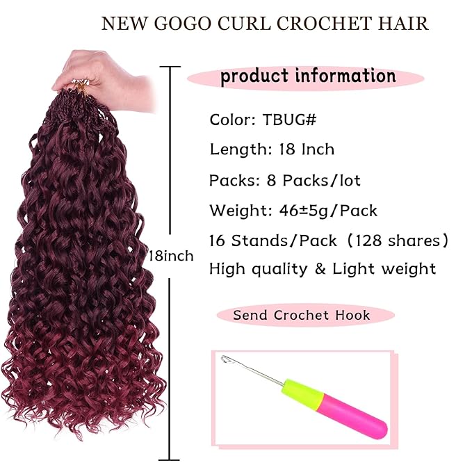 18 Inch Gogo Curly Crochet Hair 8 Packs Curl Crochet Hair Pre-looped Ocean Wave Crochet Hair Beach Curl Deep Twist Bohemian Box Braids Water Wave Curly Braiding Hair for Women (128Strands TBUG#)