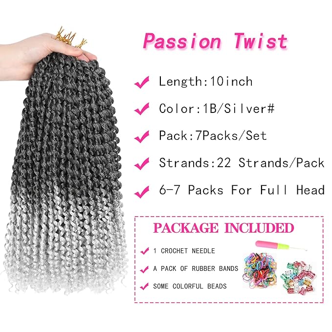 Ubeleco Ombre Silver Passion Twist Hair, 10 Inch Water Wave Crochet Hair Short Passion Twist Crochet Hair Bohemian Synthetic Curly Braiding Hair Extensions (10 Inch (Pack of 7),1B/Gray)