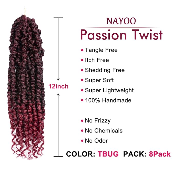 Passion Twist Hair - 8 Packs 12 Inch Passion Twist Crochet Hair For Women, Crochet Pretwisted Curly Hair Passion Twists Synthetic Braiding Hair Extensions (12 Inch 8 Packs, TBUG)