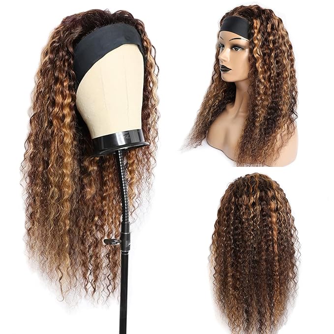 Aiterina Headband Wig deep wave human hair wigs for Black Women Brazilian Remy Hair Glueless Non Lace Front Wig Wear and Go Wigs Machine Made 150% Density (28 inch, 4/27 Highlight)