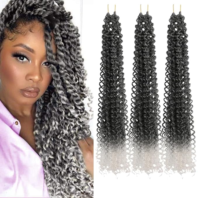 Curly Crochet Hair Extensions Black to White Ombre Passion Twist Braids 24Inch Long Curly Braiding Hair 3Packs Spring Crochet Braids Hair Extensions Goddess Box Braids for Black Women(24",1B60)