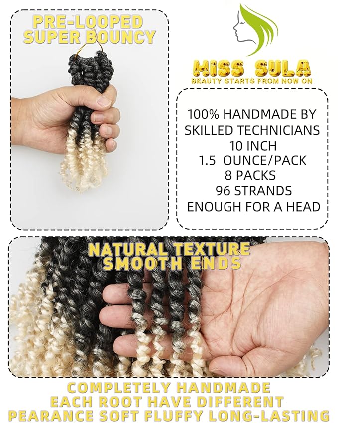 10 Inch 8 Packs Pretwisted Pre Looped Passion Twist Crochet Hair-Ombre Grey to Blonde Off-white,3 Tones Super Soft&Bouncy Synthetic Braided Hair Extensions(10 Inch-8 Packs,Gray/27/613)