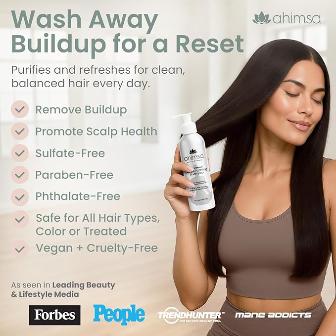 Ahimsa Gentle Purifying Shampoo Oily Hair Cleanser for Build Up, Daily Clarifying Shampoo with Indian Gooseberry & Willow Bark Extract, Scalp Cleanser for Build Up Removal of Grease and Impurities