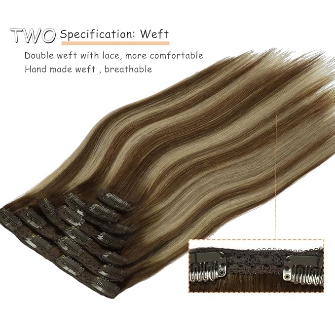 Caliee 14 Inch Clip in Hair Extensions Real Human Hair 7 PCS R4A-4A/26 Balayage Chocolate Brown to Honey Blonde Daily Use 120 G Long Straight Hair Extension Clip in for Women Soft