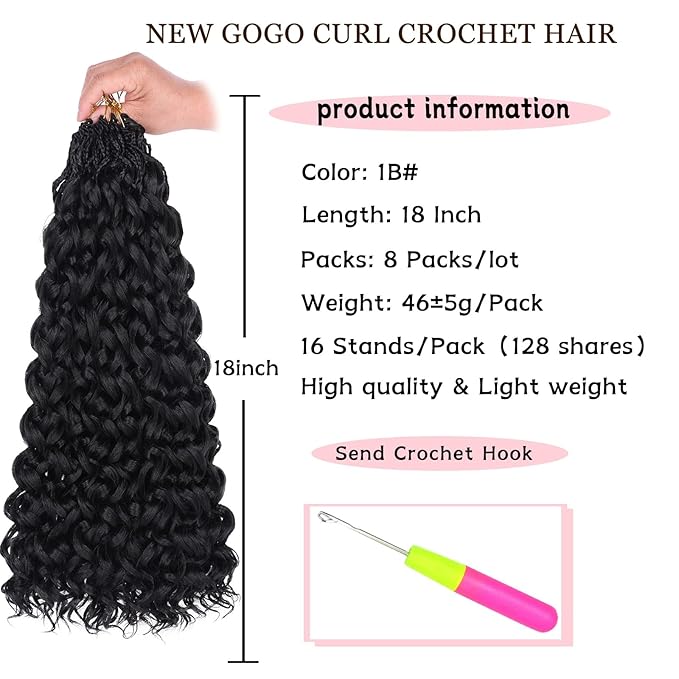 18 Inch Gogo Curl Crochet Hair 8 Packs Beach Curly Crochet Hair Pre-looped Deep Wave Crochet Hair Water Wave Curly Crochet Hair Curly Braiding Hair Extensions for Women (16Strands/pack 1B#)