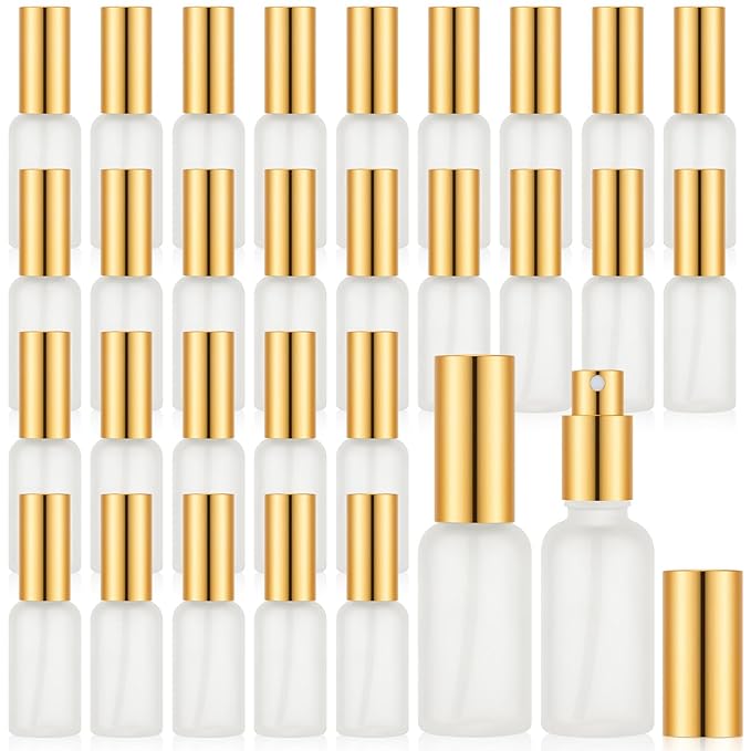Roshtia 30 Pcs 1 oz/ 30 ml Gold Glass Spray Bottle Refillable Perfume Atomizer Clear Decorative Empty Bottles with Fine Mist Sprayer Pump for Face Body Travel