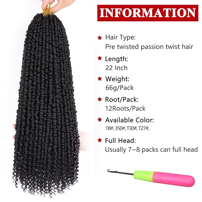 Xtrend 8packs 22inch Pre-twisted Passion Twist Hair Natural Black Pre-looped Passion Twists Crochet Braids Synthetic Hair Extensions Crochet Hair For Women (8packs, 2#)