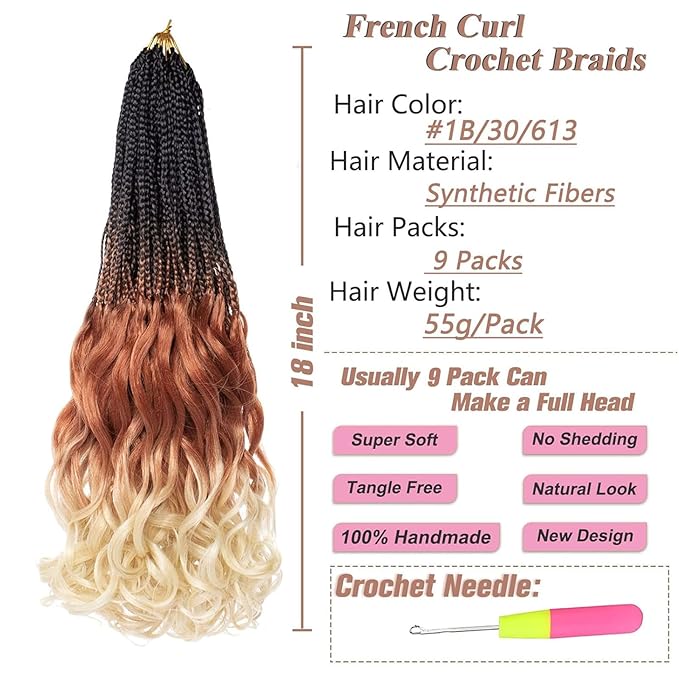 18 Inch French Curl Crochet Braids 9 Packs Ombre Brown Blonde Bohemian Goddess Box Braids with Curly Ends Synthetic Loose Wave Bouncy Braiding Hair for Women