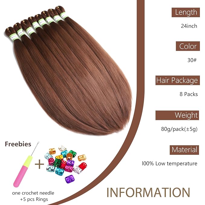 Pre Stretched Braiding Hair With Yaki Texture, Professional Hair Extension for Corochet Braid (30#, 24Inch (Pack of 8))
