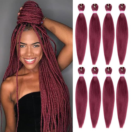Burgundy Braiding Hair Pre Stretched 20 Inch 8 Packs Braiding Hair Extensions for Crochet Box Braids Twists Locs Hair Itch Free Soft Yaki Texture Hot Water Setting (20inch,#Burgundy)