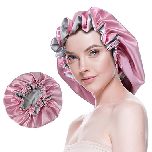 Silk Bonnet for Sleeping Satin Bonnets Double Layer Reversible Hair Cap Bonnet for Women Long Curly Braid Hair (Pink)