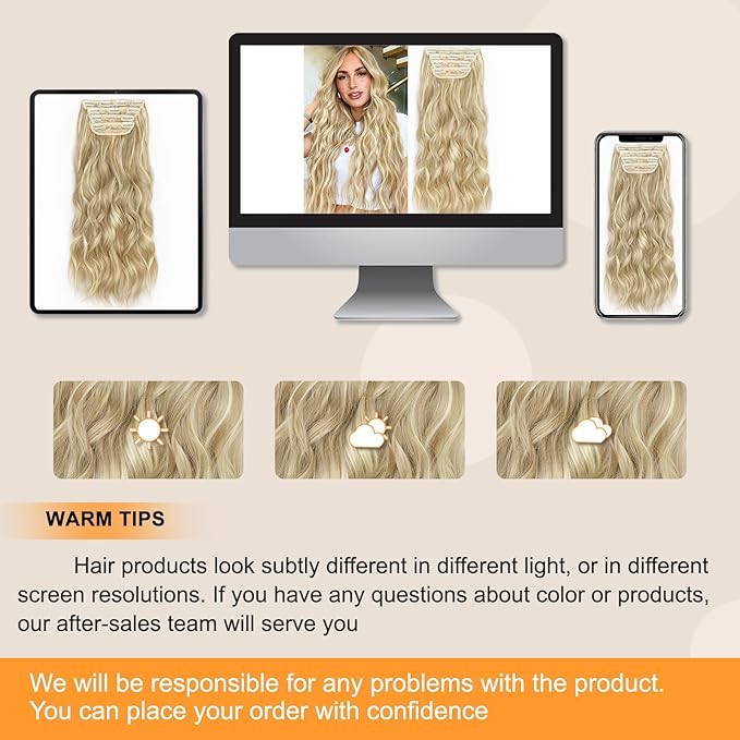 ALXNAN Clip in Long Wavy Synthetic Hair Extension 20 Inch Beach Blonde 4PCS Thick Hairpieces Fiber Double Weft Hair for Women