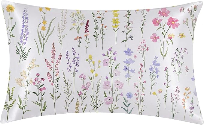 Satin Pillowcase Wildflowers and Plants Similar to Silk Pillow Cases for Hair and Skin, 1 Pack Soft Smooth Breathable Cool Pillow Cases, Standard Size with Hidden Zipper 20" x 26"