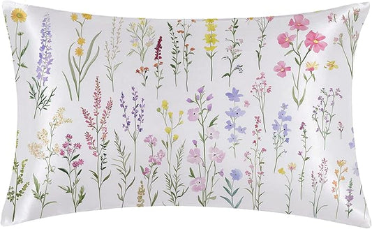 Satin Pillowcase Wildflowers and Plants Similar to Silk Pillow Cases for Hair and Skin, 1 Pack Soft Smooth Breathable Cool Pillow Cases, Standard Size with Hidden Zipper 20" x 26"