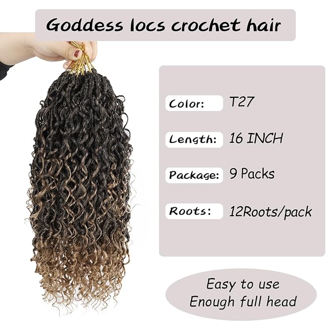 Goddess Locs Crochet Hair,Vemet 16 Inch 9 Packs Synthetic Faux Locs Crochet Hair for Black Women,River Locs Hair Extensions Boho Style Pre looped Faux Locs with Curly Ends