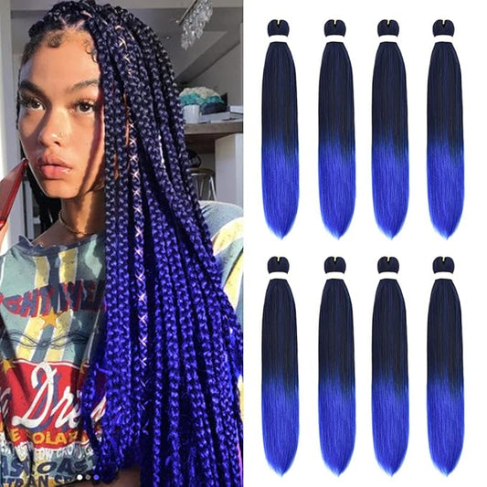 8 Pack Ombre Braiding Hair Pre Stretched - 26" 100G/Pack Premium Pre Stretched Braiding Hair Extensions, Professional Itch Free Hot Water Setting Perm Yaki Texture Prestretched Hair(1B/Blue)