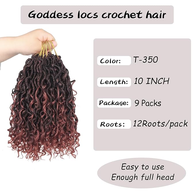 Goddess Locs Crochet Hair 10 Inch 9 Packs Synthetic Faux Locs Crochet Hair for Black Women, River Locs Hair Extensions Style Pre looped Crochet with Curly Ends