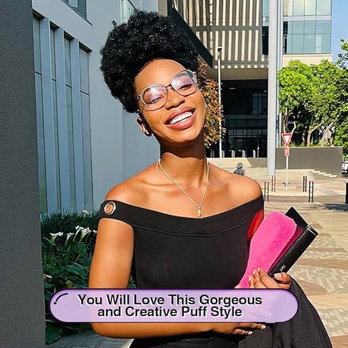 YEAME Afro Puff Drawstring Ponytail for Black Women, Short Kinky Curly Afro Ponytail Synthetic Hair Puffs, Premium Black Afro Bun Drawstring Ponytail for Women Girls (1B Natural Black)