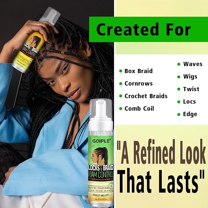 Goiple Hair Mousse for Braids, Twist, Locs - Braid Foam Control Mousse, No Flake, High Shine Style and Moisturizes, Lightweight Easy to Apply 16 fl oz (2pcs)