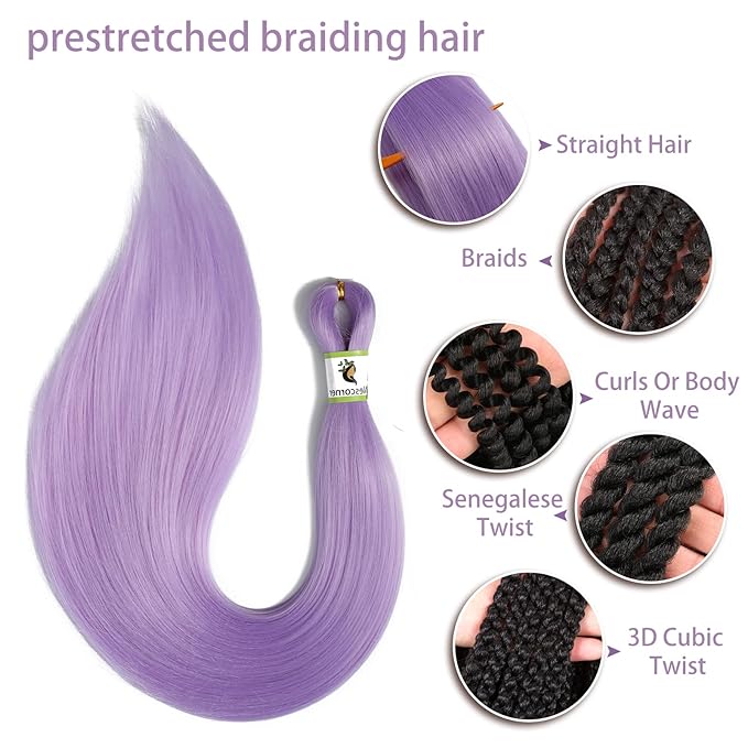 Purple Braiding Hair Pre Stretched for Braids Purple Hair Extensions Braiding Hair for Halloween Costume Cosplay(24 Inch(Pack of 8))