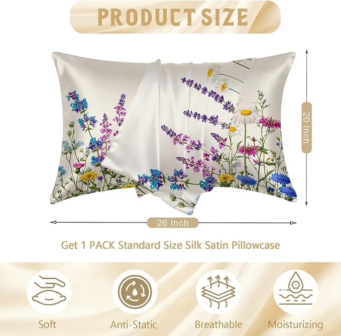 Silk Pillowcase for Hair and Skin Colorful Botanical Wildflowers Satin Pillowcase Standard Size with Zipper Silky Soft Cooling Satin Pillowcase Sleeping for Women 20"x26"