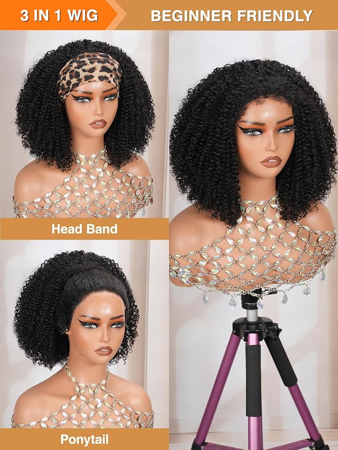 Kinky Curly Half Wig Human Hair Upgrade 4C Edge Hairline 200% Density Wear Go Glueless 3 In 1 Drawstring Seamless Flip Over Wig for Women Daily Wear Headband Wig Beginner Friendly (12 inch)