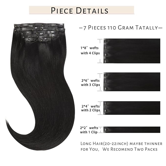 Caliee 22Inch Invisible Seamless Clip in Human Hair Extensions 7Pcs 100% Real Human Hair Jet Black Clip In Hair Extensions Straight Not Tangled PU Weft Clip in Human Hair Extensions for Women 110G