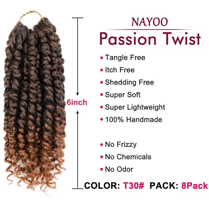 Passion Twist Hair For Kids - 8 Packs 6 Inch Passion Twist Crochet Hair For Black Women, Crochet Pretwisted Curly Hair Passion Twists Synthetic Braiding Hair Extensions(6 Inch 8 Packs, T30)