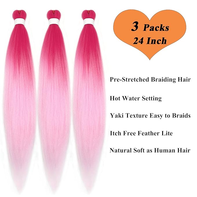 Ombre Braiding Hair Pre Stretched Colored Pink Kanekalo Braiding Hair Extensions for Braiding Box Braids Knotless Crochet Jumbo Kids Micro Prestretched Braiding Hair Ombre 24 Inch 3 Pack