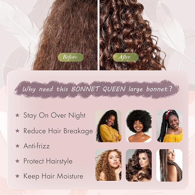 BONNET QUEEN Silk Bonnet for Sleeping Women Big Satin Bonnet Night Sleep Cap Wrap for Curly Hai rwith Adjustable Tie Band, Single Layer, Large, Rose Gold
