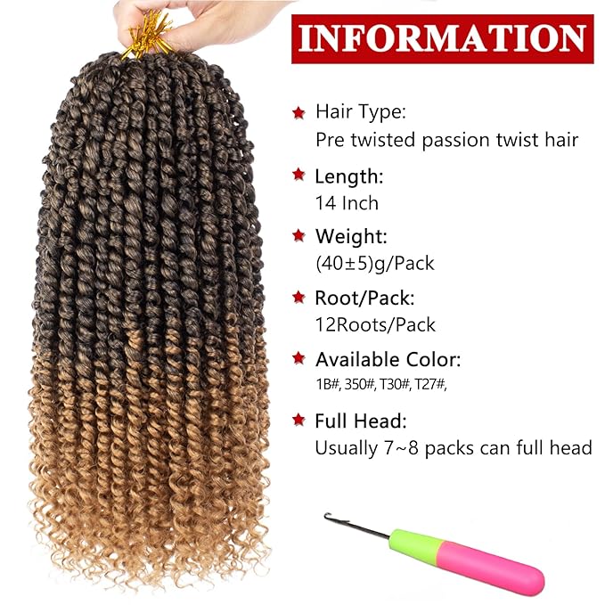 Xtrend 8 Packs Pre-twisted Passion Twist Crochet Hair 14 Inch Natural Pre-looped Crochet Braids Hair For Women Bohemian Synthetic Passion Braiding Hair Extension (8packs, T27#)