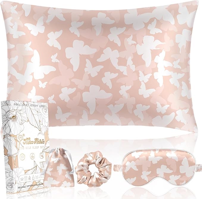 Mulberry Silk Pillow Case for Hair and Skin 19 Momme Standard 26"x20" Butterfly Silk Pillowcase with Eye Mask & Scrunchie Soft Silk Pillowcase Sleeping for Moms, Women