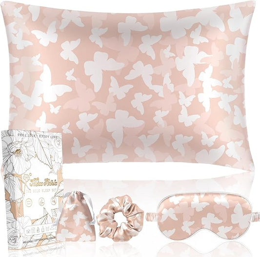 Mulberry Silk Pillow Case for Hair and Skin 19 Momme Standard 26"x20" Butterfly Silk Pillowcase with Eye Mask & Scrunchie Soft Silk Pillowcase Sleeping for Moms, Women