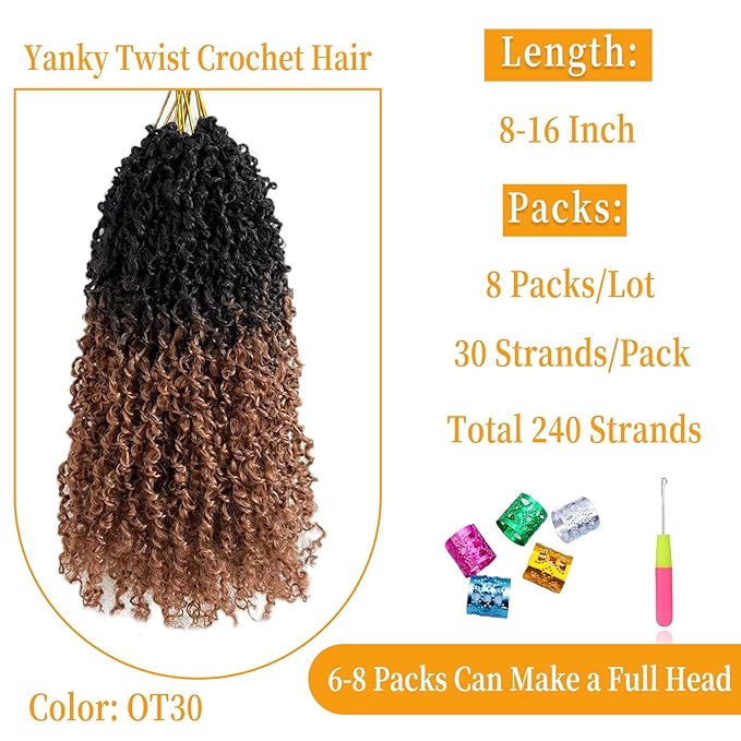 10 Inch Pre-Looped Yanky Twist Crochet Hair, 30 Strands/Pc, Mini Passion Twists, Senegalese Braiding Hair (OT30, 8 Pcs/Pack)