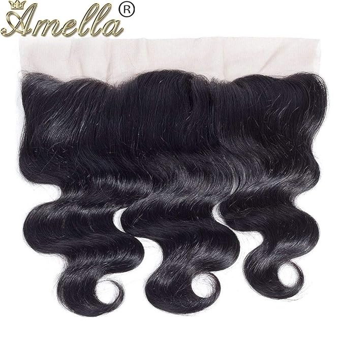 Amella Hair 3 Bundles with Frontal, 100% Unprocessed Brazilian Remy Human Hair, Body Wave, 20 22 24+18inch, Natural Black Color