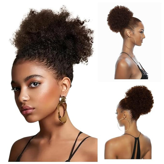Afro Puff Drawstring Ponytail Extension Wigs for Black Women Girls, Virgin Human Hair Medium Brown 4# 8 Inch Afro Puff Ponytail Kinky Curly Hair Bun Human Hair Hairpieces Clip in Hair Extensions Wigs
