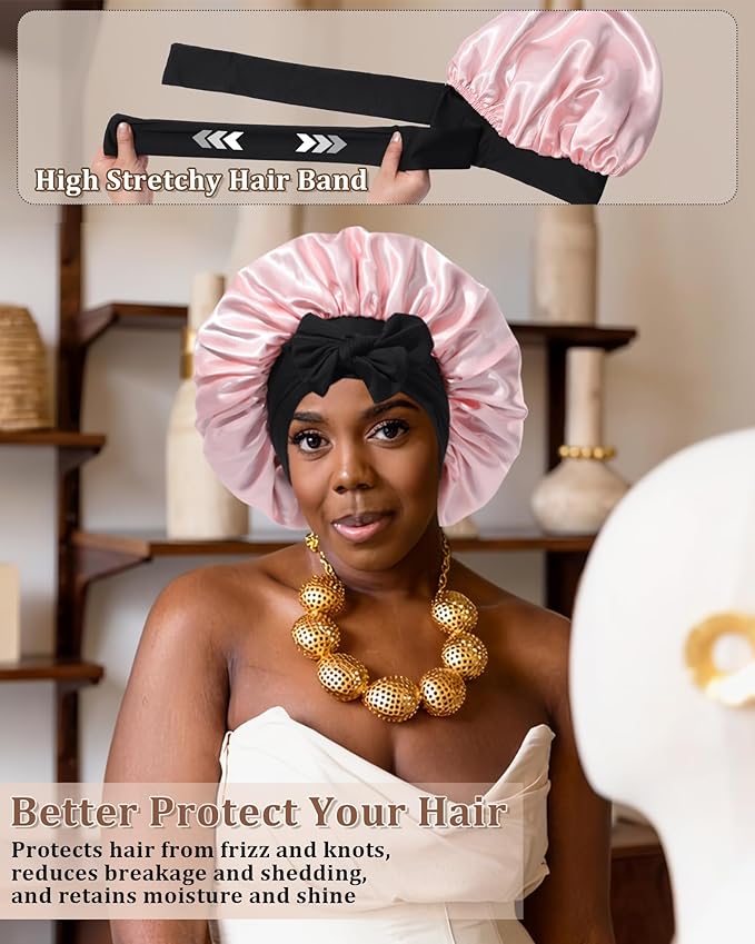 Reversible Satin Bonnet for Sleeping Women Double Layer Hair Bonnet with 2PCS Hair Scrunchies Elastic Tie Band Night Cap