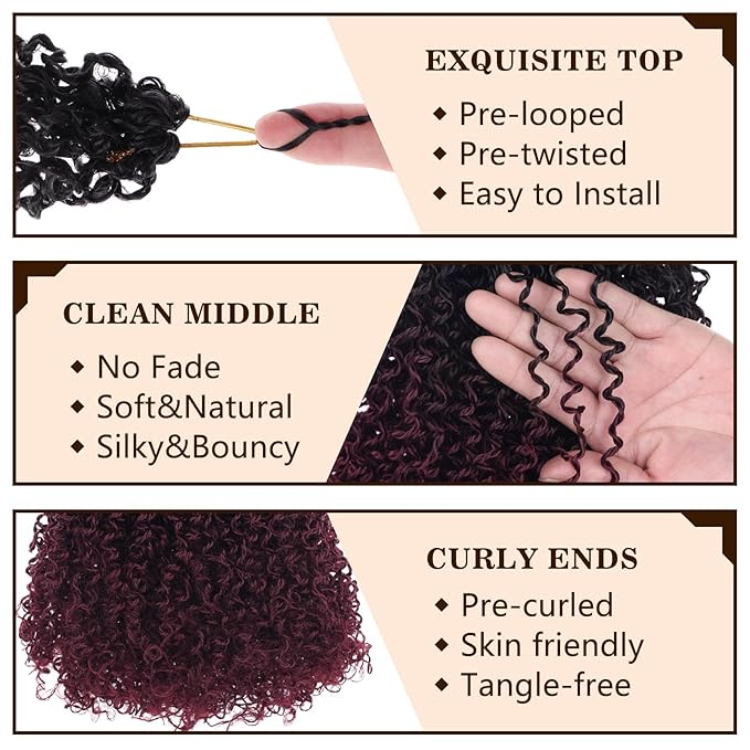 COOKOO 8 Packs 12 Inch Pre-twisted Synthetic Crochet Braiding Hair Ombre Burgundy Short Micro Passion Twists Braiding Hair Pre Looped Yanky Twist Crochet Hair Curly Ends for Women 1B/Bug
