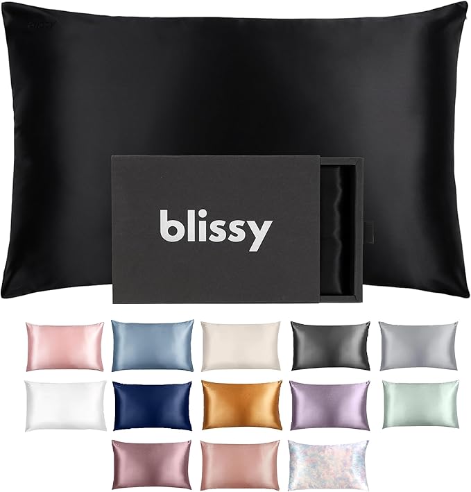 Blissy Silk Pillowcase - 100% Pure Mulberry Silk - 22 Momme 6A High-Grade Fibers - Silk Pillow Cover for Hair & Skin - Regular, Queen & King (Black, King)
