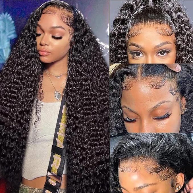 Lace Front Wigs Human Hair Water Wave 13x4 Lace Frontal Wigs for Women Wet and Wavy Lace Front Wigs Deep Wave Human Hair Wigs Pre Plucked Natural Black Color 180 Density 28 Inch