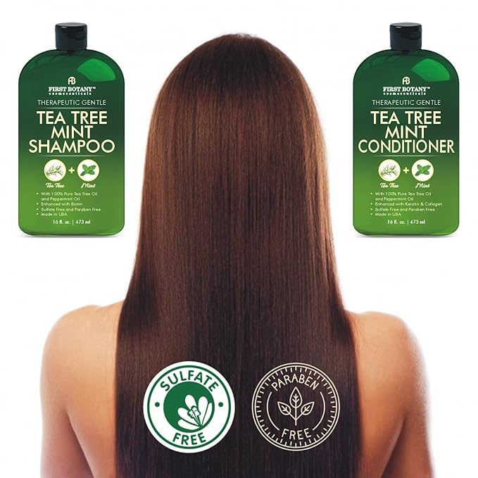 First Botany Tea Tree Mint Shampoo & Conditioner for Men & Women - Pure Tea Tree & Peppermint Oil - Fights Hair Loss, Dandruff, Lice & Itchy Scalp, Promotes Hair Growth - Sulfate Free - 16 Fl Oz x 2