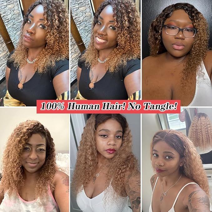 Brazilian Human Hair Bundles Ombre Curly Hair 3 Bundles Brazilian Remy Virgin Human Hair Weave Bundles 100% Unprocessed Kinky Curly Human Hair Extensions T4/30 Medium Brown Hair Bundles(20 22 24)