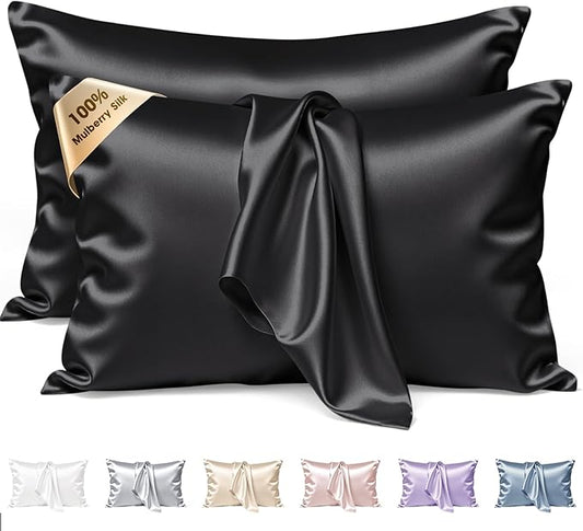 Silk Pillow Cases 2 Pack Standard Size Mulberry Silk Pillowcase Set of 2 for Hair & Skin 26 x 20 Inches 22 Momme Both Sided Grade 6A Silk Soft Breathable Cooling with Hidden Zipper, Black